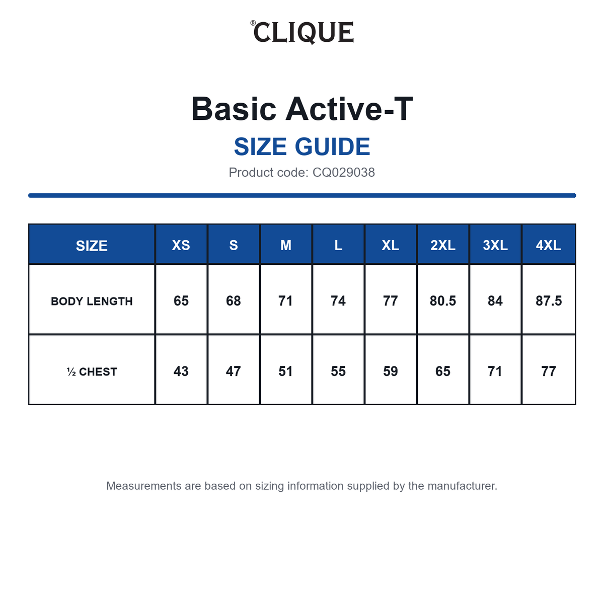 CQ029038 Clique Basic Active-T size guide (CQ029038)