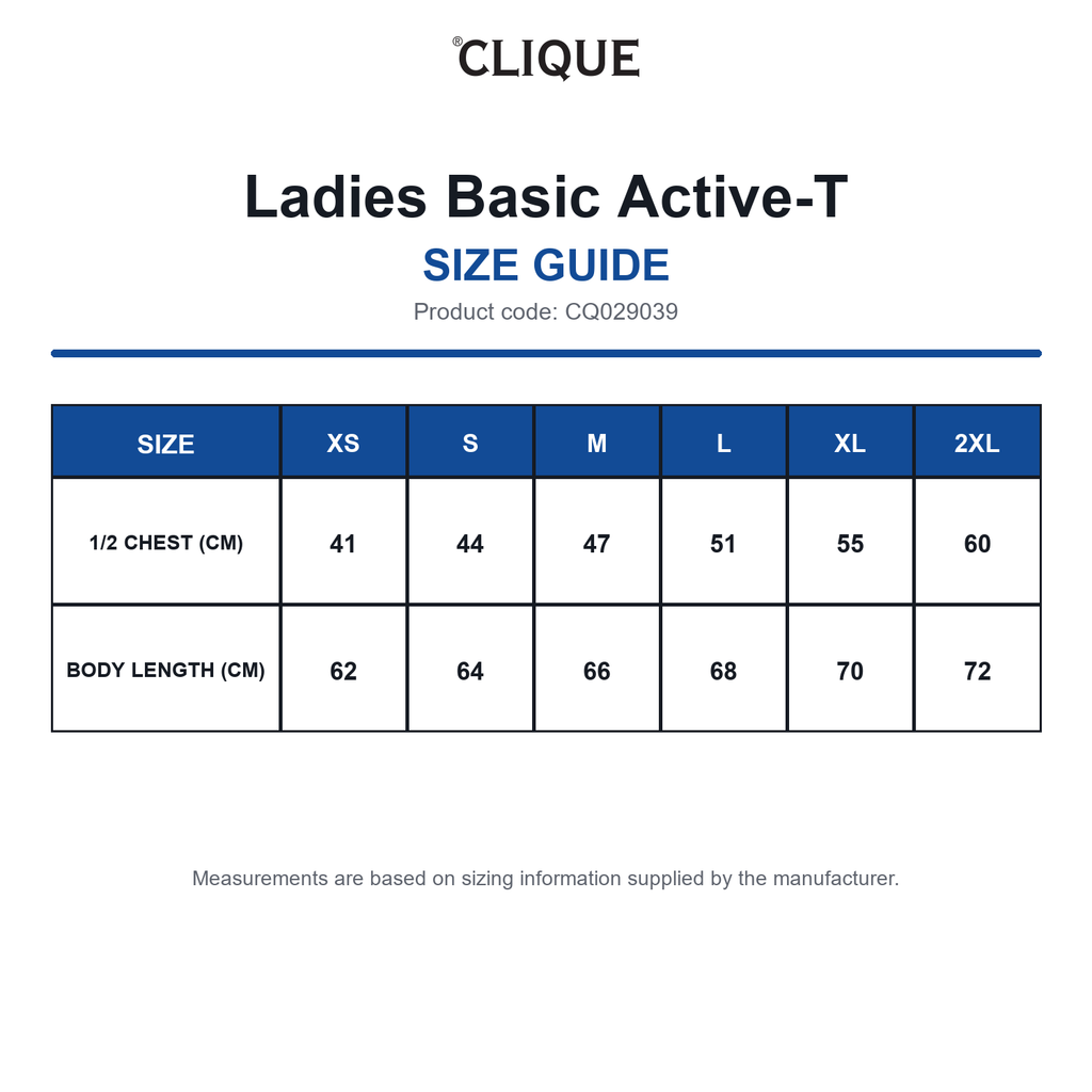 CQ029039 Clique Ladies Basic Active-T size guide (CQ029039)