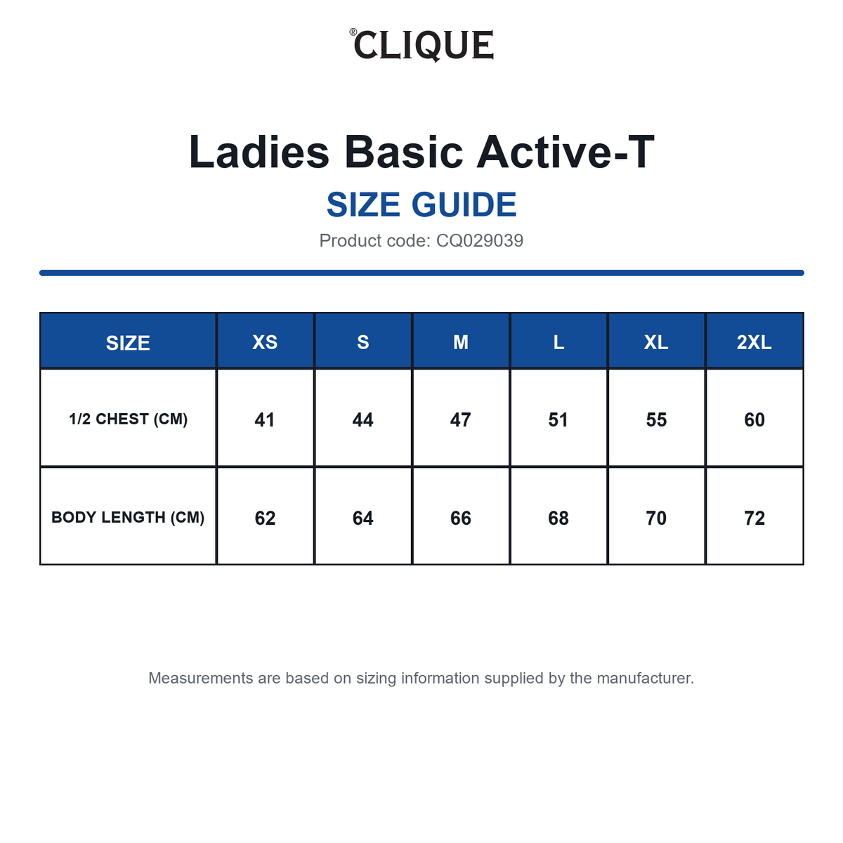 CQ029039 Clique Ladies Basic Active-T size guide (CQ029039)