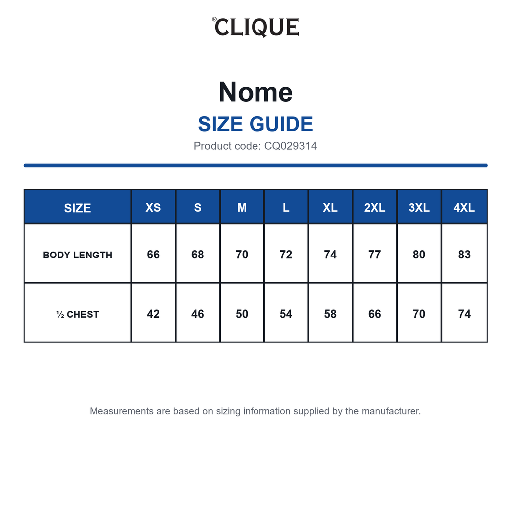 CQ029314 Clique Nome size guide (CQ029314)