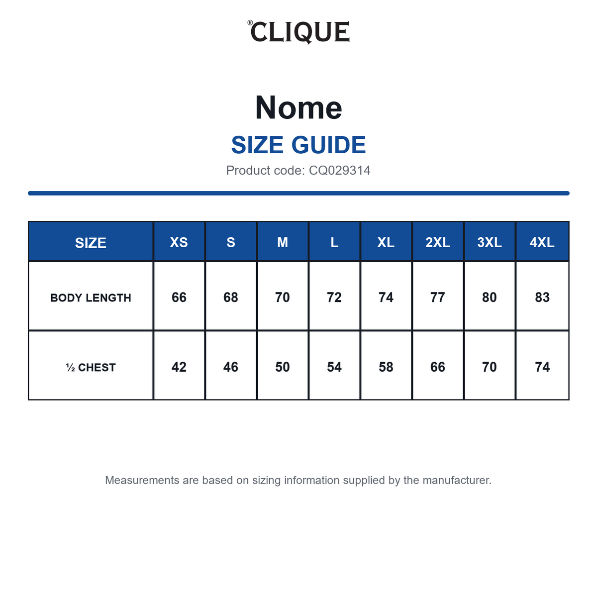 CQ029314 Clique Nome size guide (CQ029314)