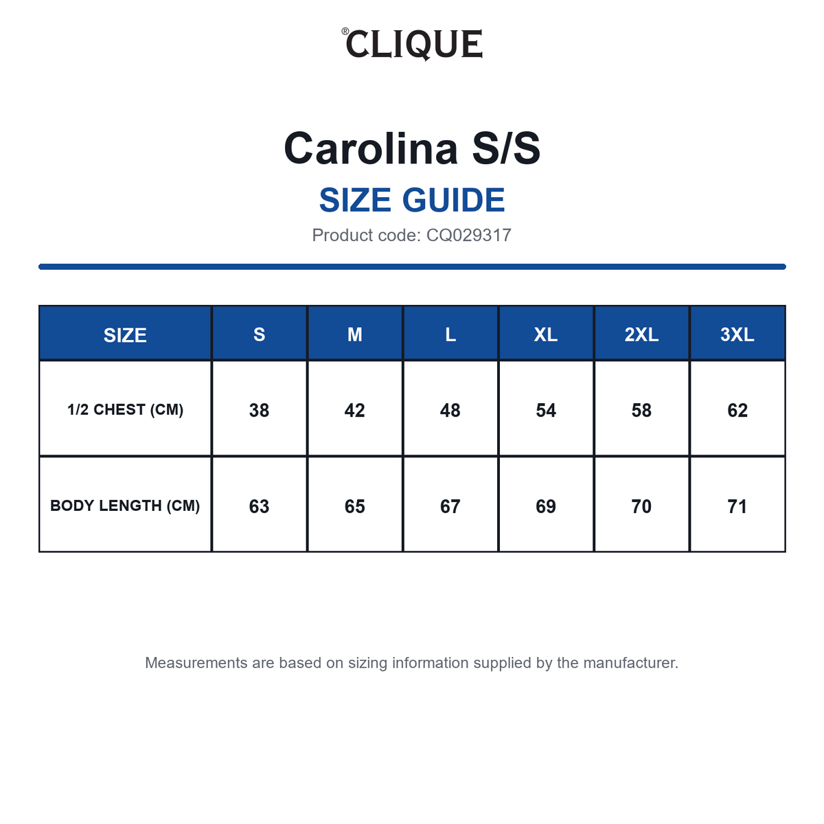 CQ029317 Clique Carolina S/S size guide (CQ029317)