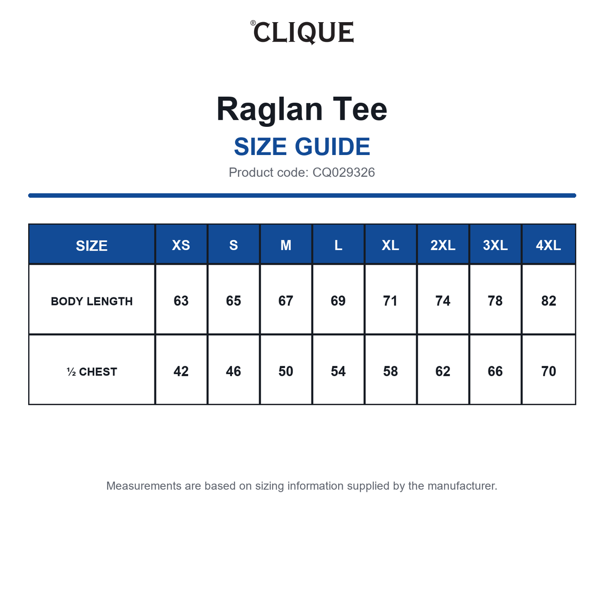 CQ029326 Clique Raglan Tee size guide (CQ029326)