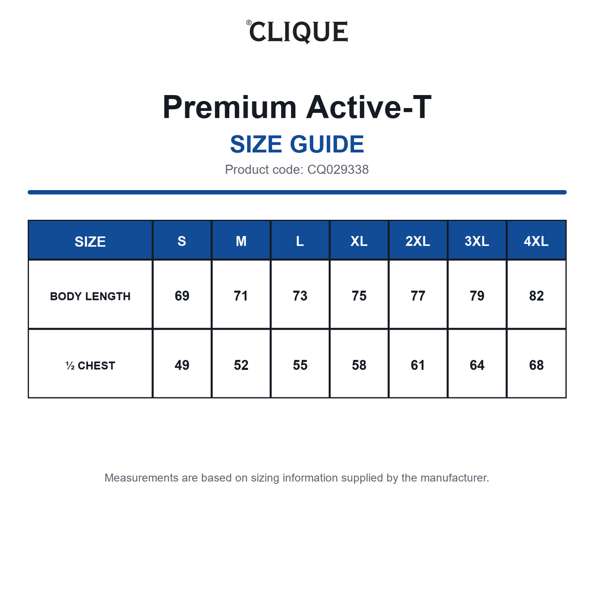 CQ029338 Clique Premium Active-T size guide (CQ029338)