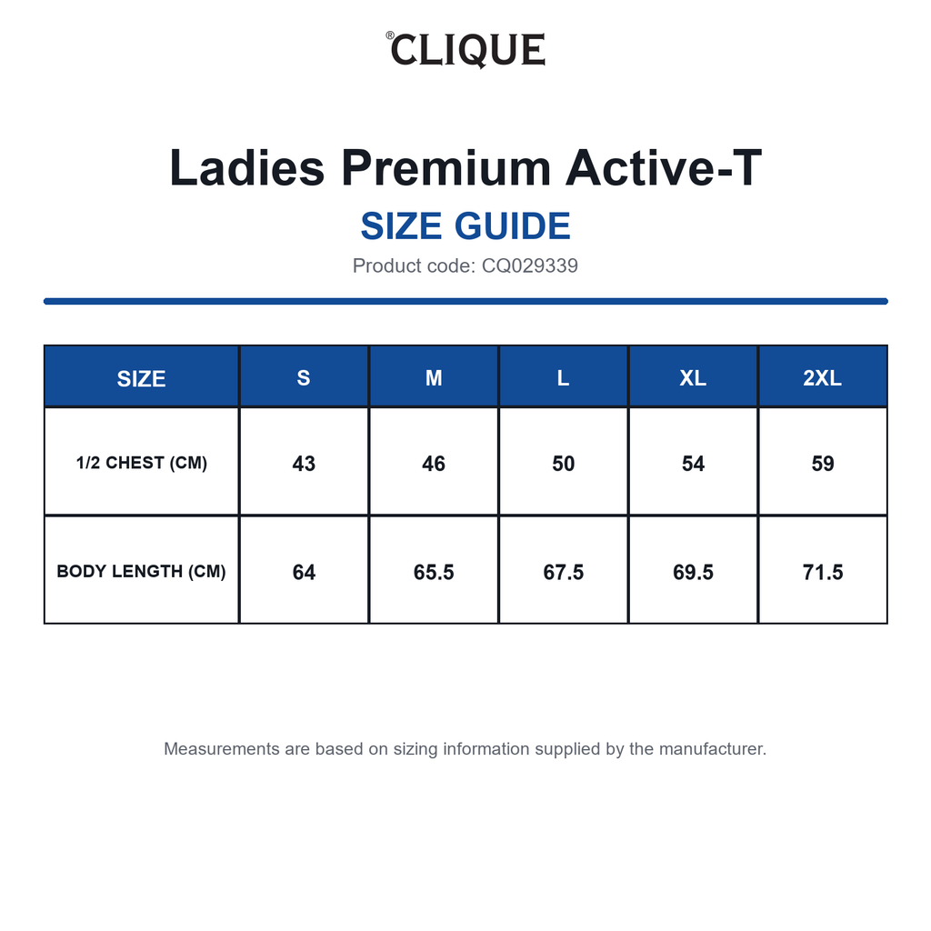 CQ029339 Clique Ladies Premium Active-T size guide (CQ029339)