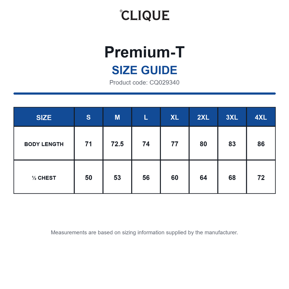 CQ029340 Clique Premium-T size guide (CQ029340)
