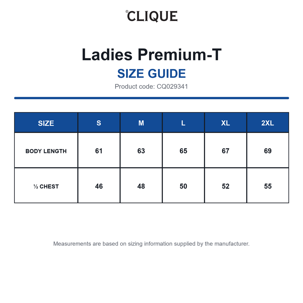 CQ029341 Clique Ladies Premium-T size guide (CQ029341)