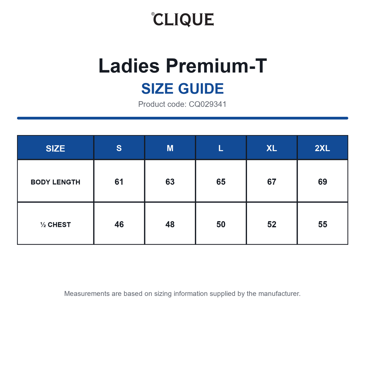 CQ029341 Clique Ladies Premium-T size guide (CQ029341)