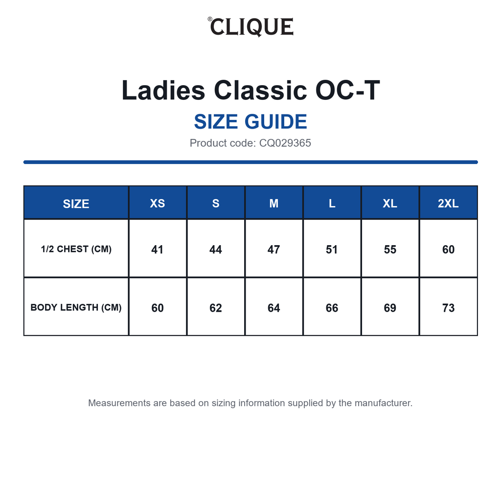 CQ029365 Clique Ladies Classic OC-T size guide (CQ029365)