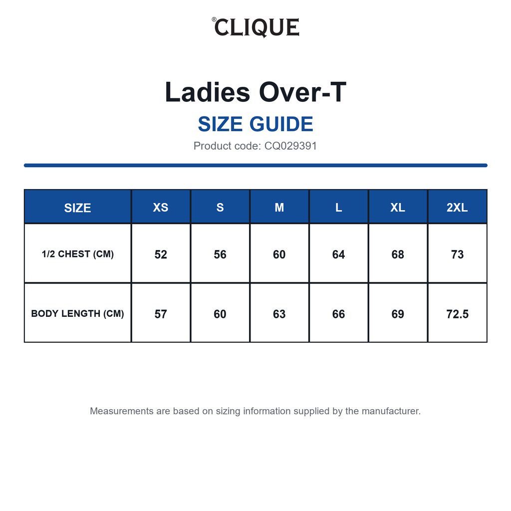 CQ029391 Clique Ladies Over-T size guide (CQ029391)