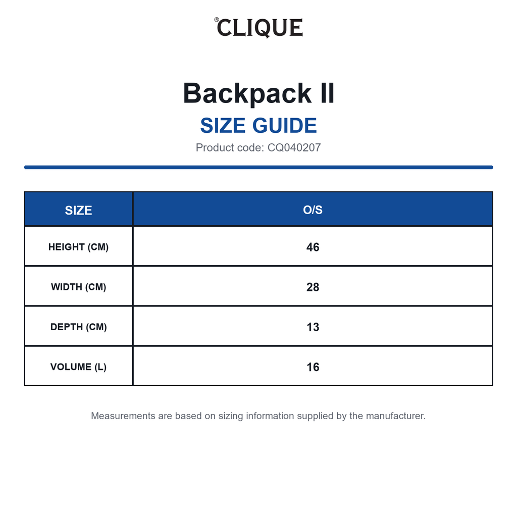 CQ040207 Clique Backpack II size guide (CQ040207)