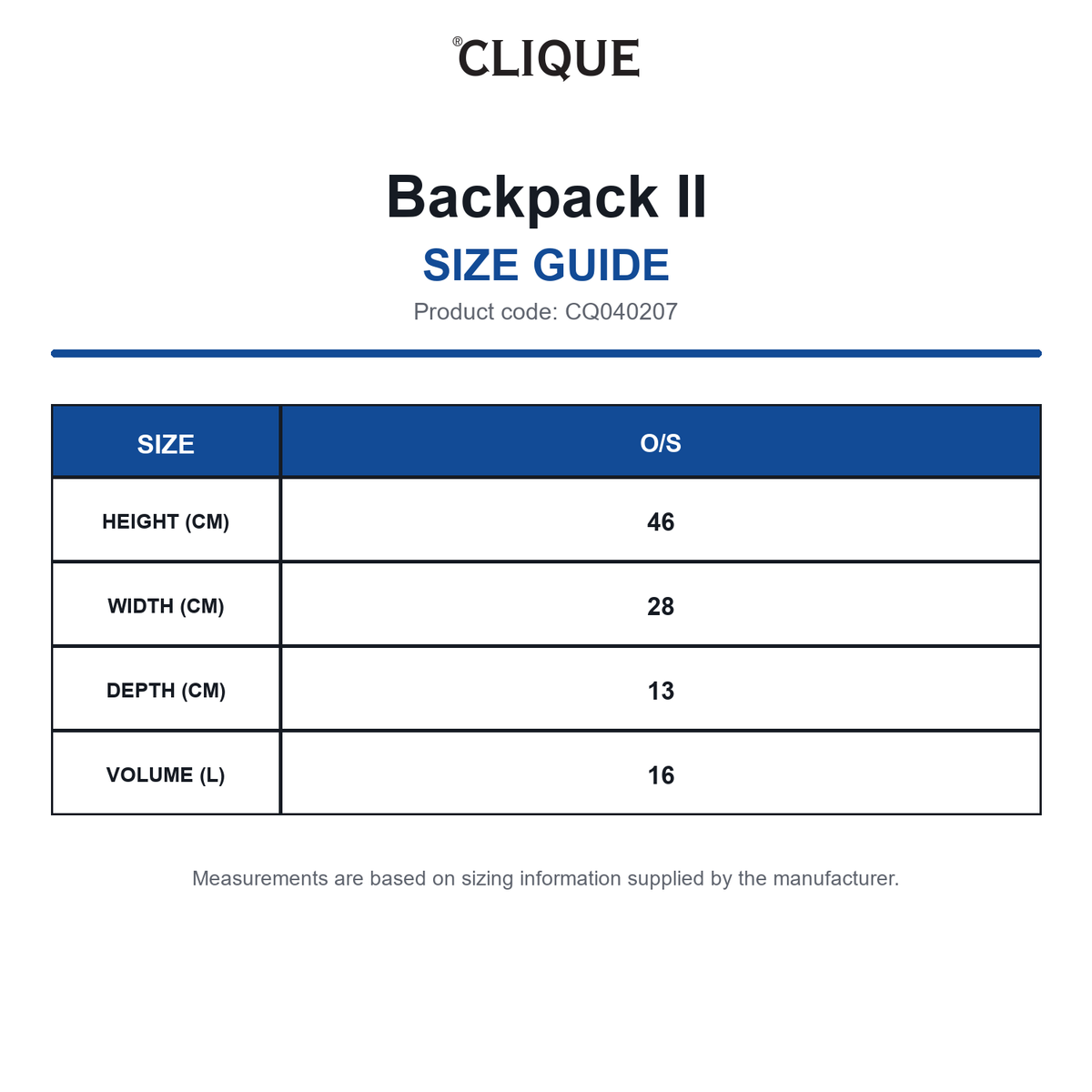 CQ040207 Clique Backpack II size guide (CQ040207)