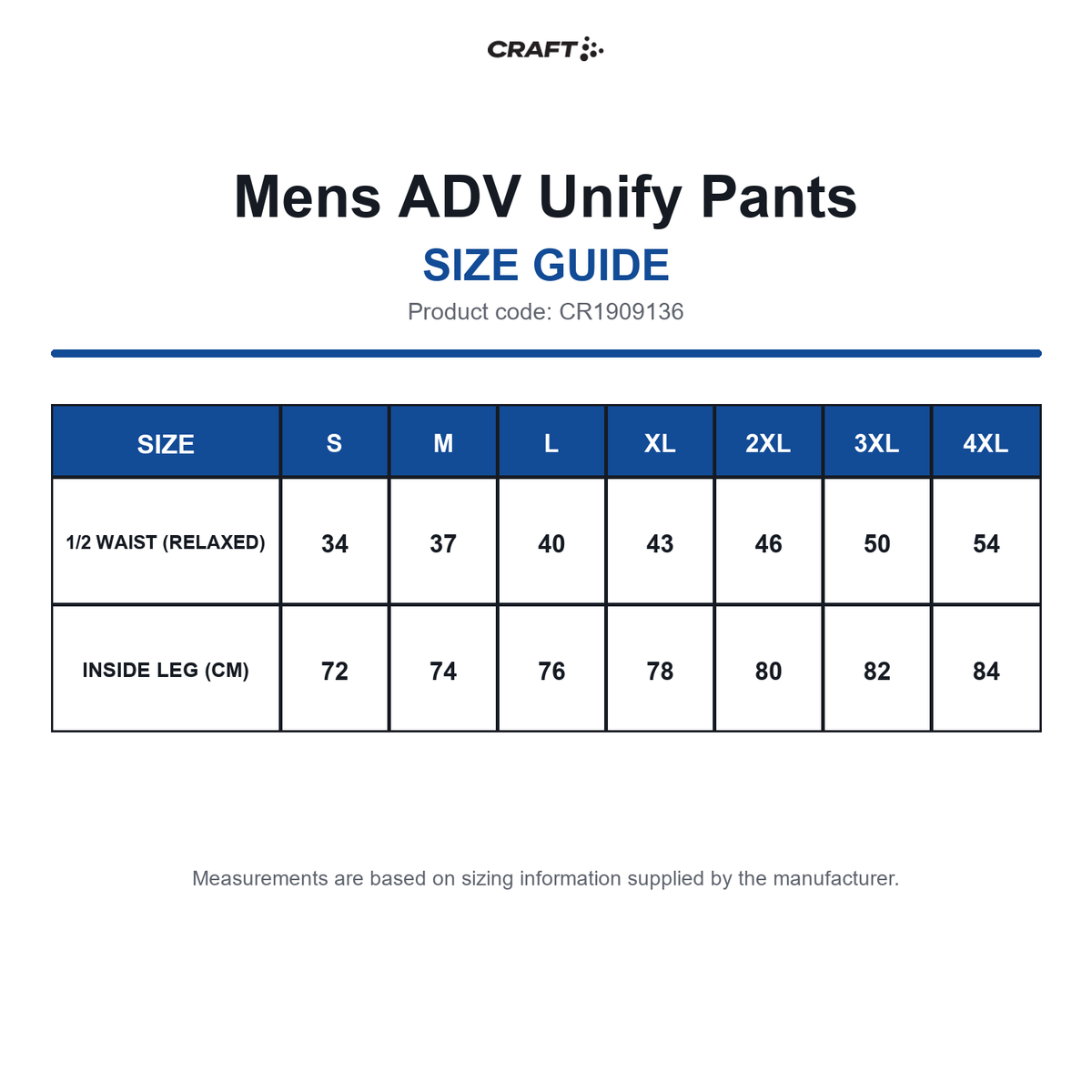 CR1909136 Craft Mens ADV Unify Pants size guide (CR1909136)