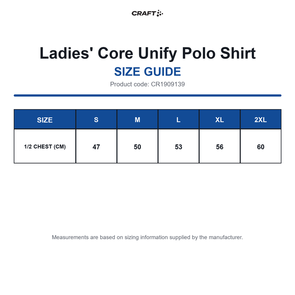 CR1909139 Craft Ladies' Core Unify Polo Shirt size guide (CR1909139)