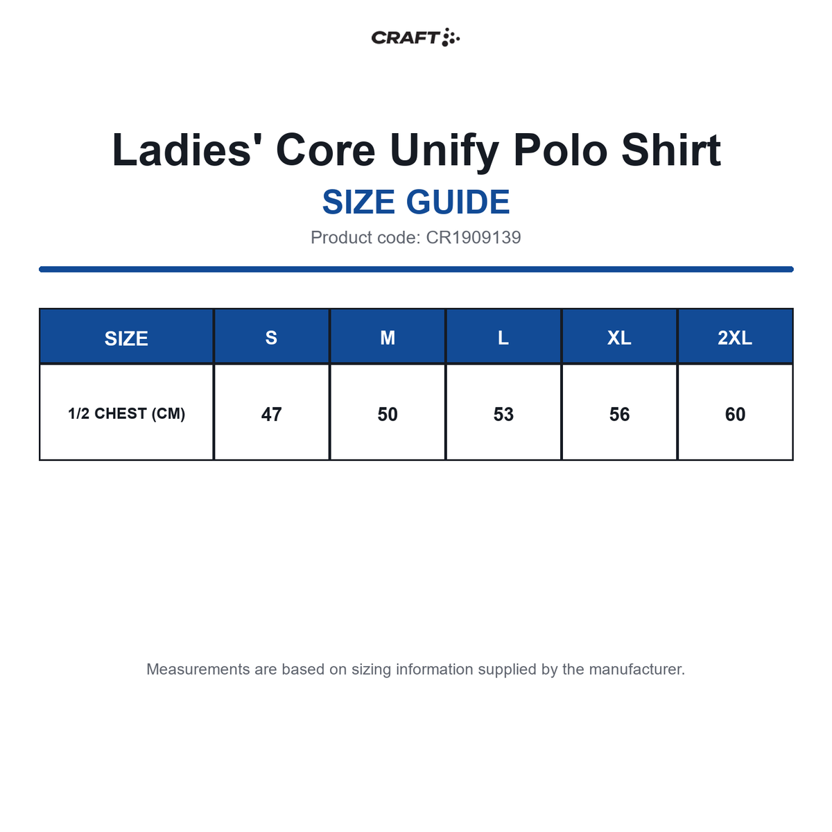 CR1909139 Craft Ladies' Core Unify Polo Shirt size guide (CR1909139)