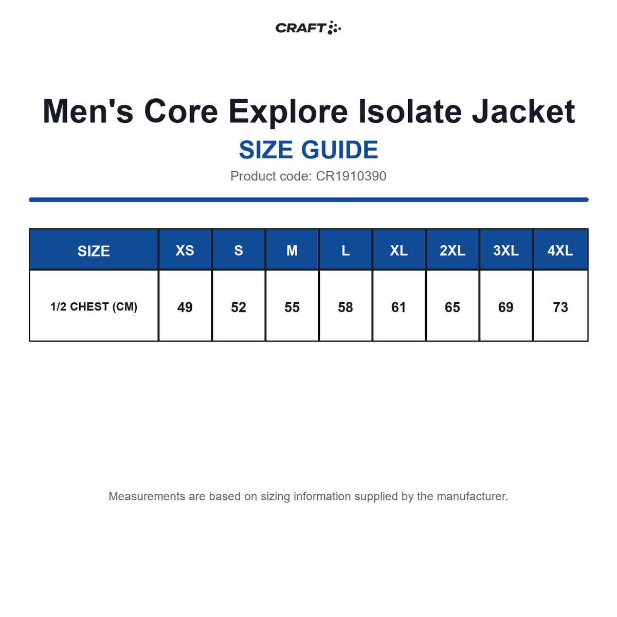 CR1910390 Craft Men's Core Explore Isolate Jacket size guide (CR1910390)