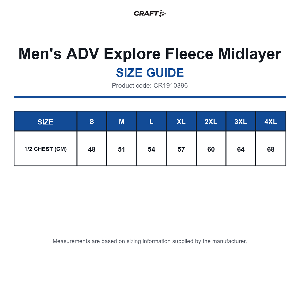 CR1910396 Craft Men's ADV Explore Fleece Midlayer size guide (CR1910396)
