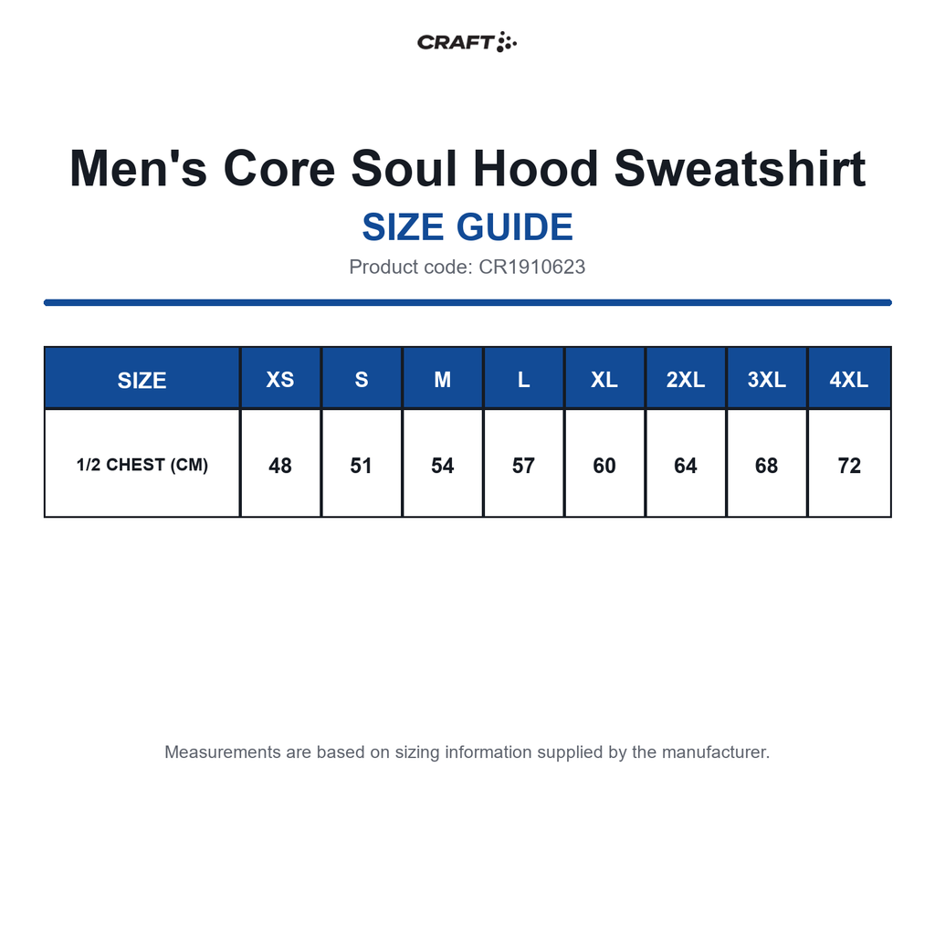 CR1910623 Craft Men's Core Soul Hood Sweatshirt size guide (CR1910623)