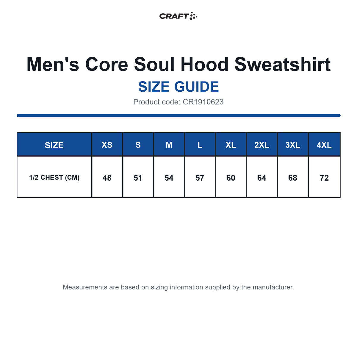 CR1910623 Craft Men's Core Soul Hood Sweatshirt size guide (CR1910623)
