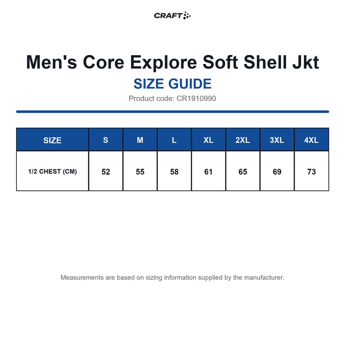 CR1910990 Craft Men's Core Explore Soft Shell Jkt size guide (CR1910990)
