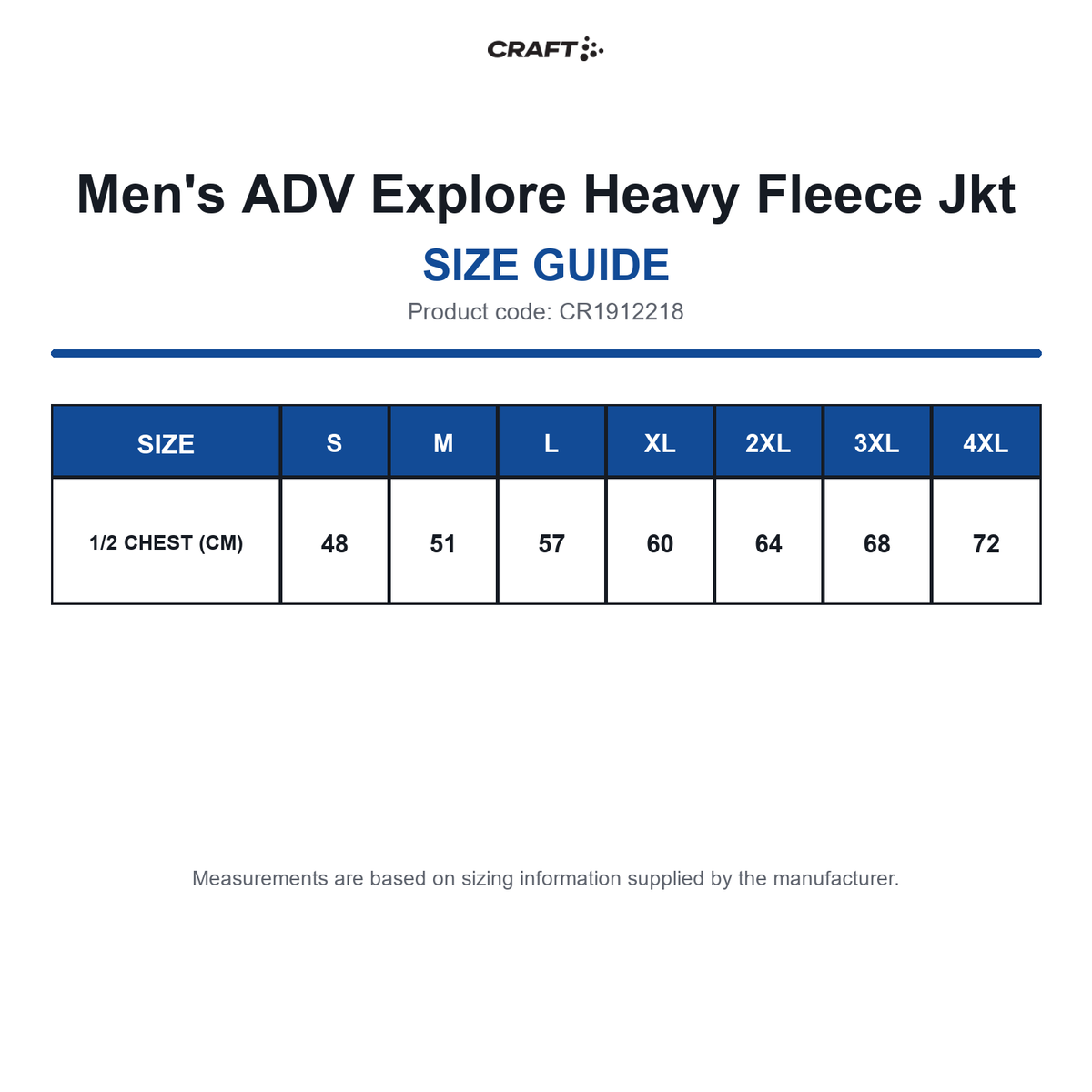 CR1912218 Craft Men's ADV Explore Heavy Fleece Jkt size guide (CR1912218)