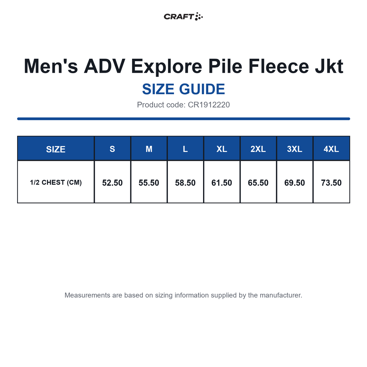 CR1912220 Craft Men's ADV Explore Pile Fleece Jkt size guide (CR1912220)
