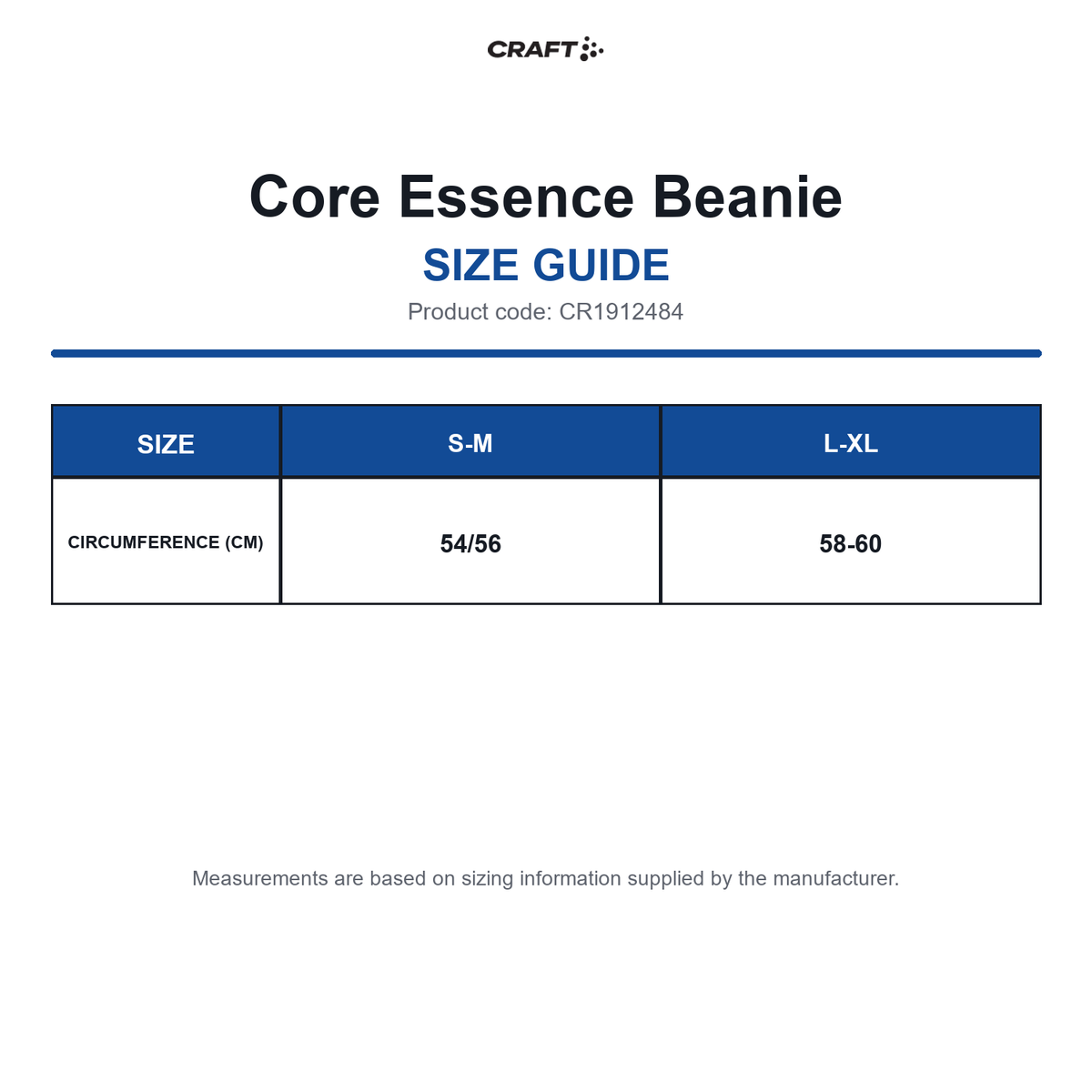 CR1912484 Craft Core Essence Beanie size guide (CR1912484)