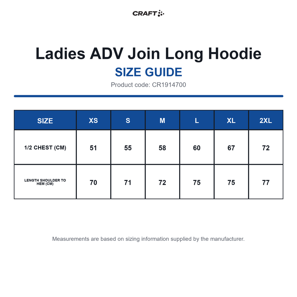CR1914700 Craft Ladies ADV Join Long Hoodie size guide (CR1914700)