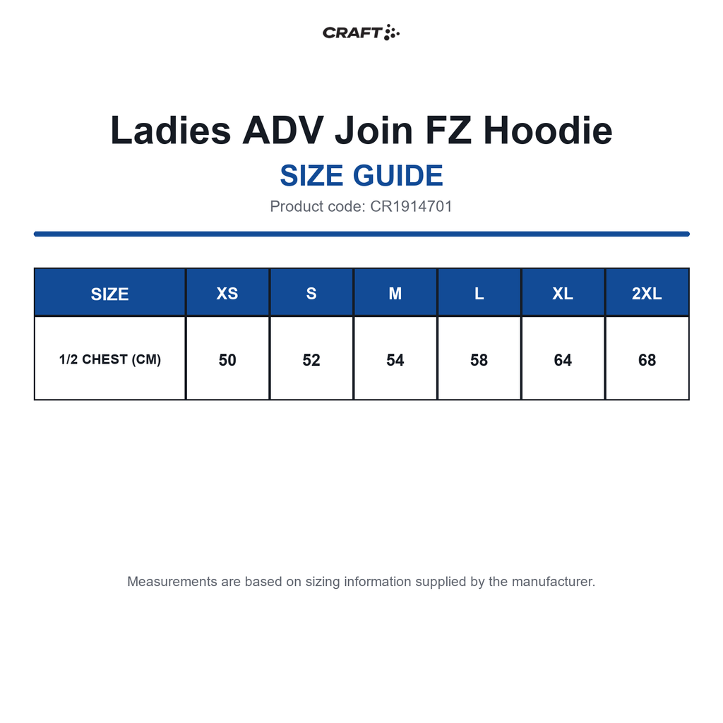 CR1914701 Craft Ladies ADV Join FZ Hoodie size guide (CR1914701)
