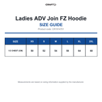 CR1914701 Craft Ladies ADV Join FZ Hoodie size guide (CR1914701)