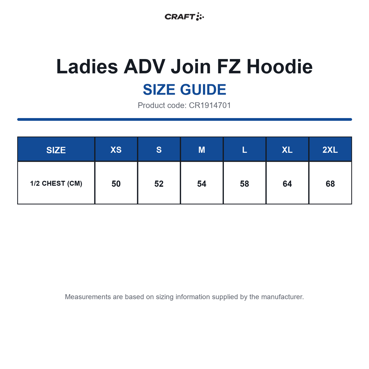 CR1914701 Craft Ladies ADV Join FZ Hoodie size guide (CR1914701)