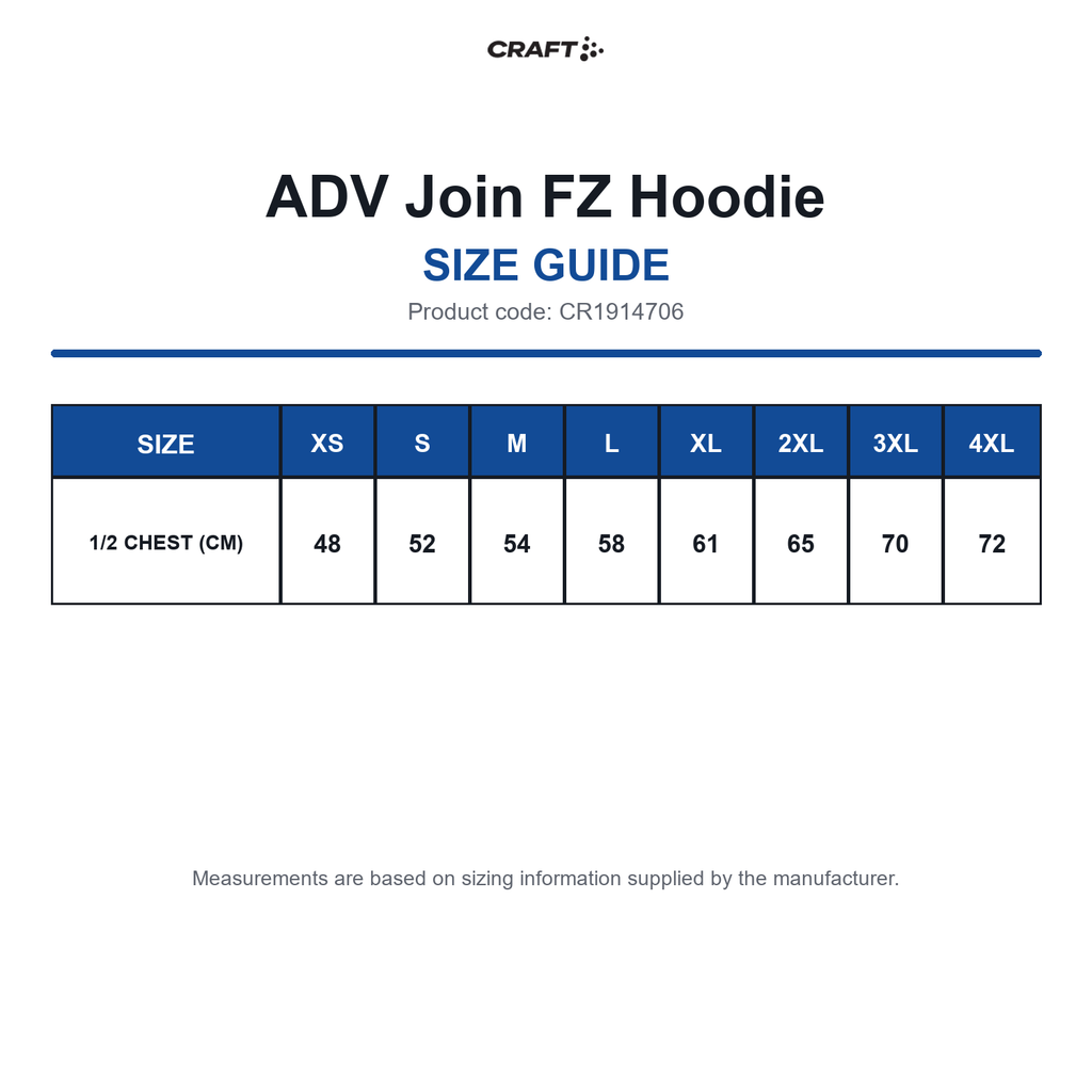 CR1914706 Craft ADV Join FZ Hoodie size guide (CR1914706)