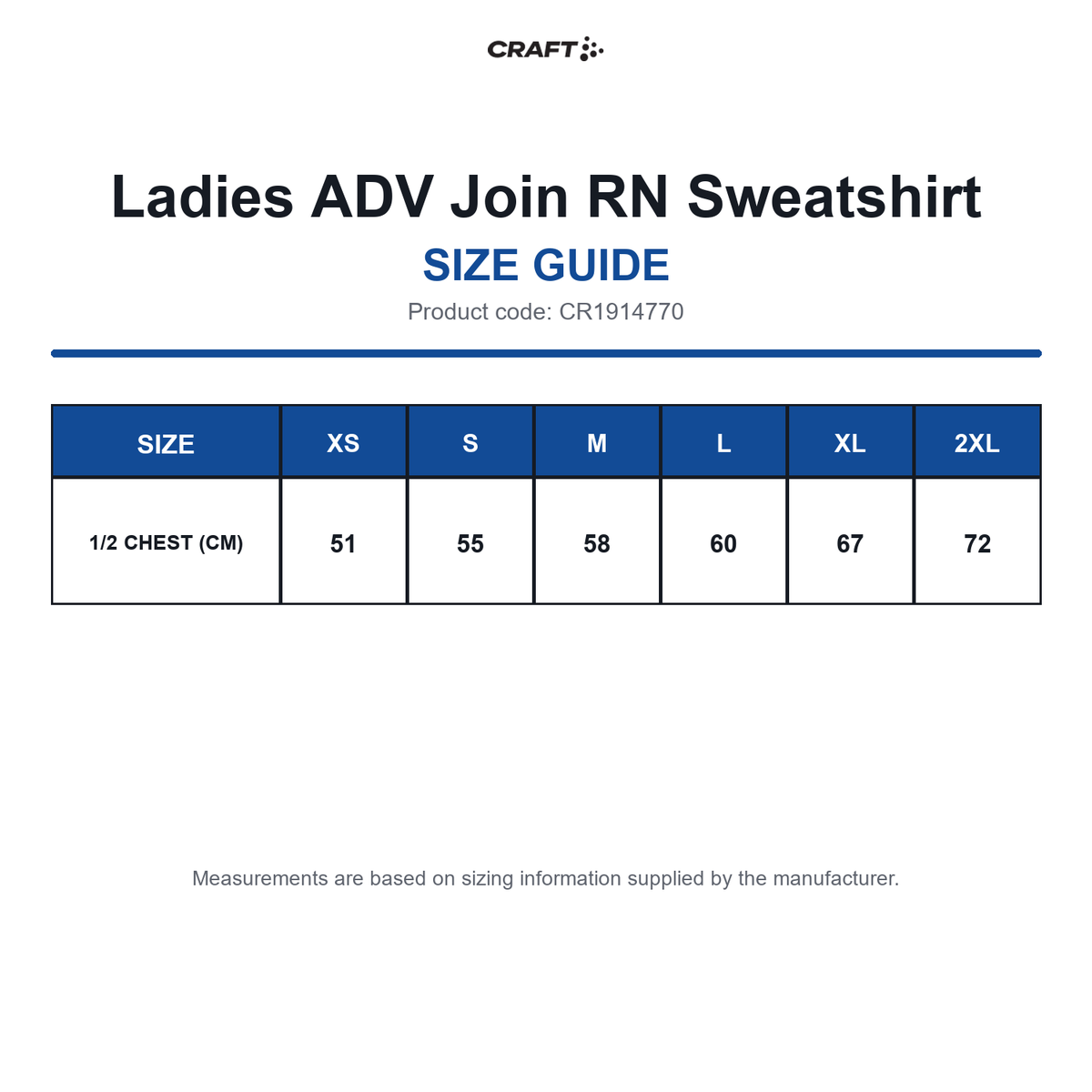 CR1914770 Craft Ladies ADV Join RN Sweatshirt size guide (CR1914770)