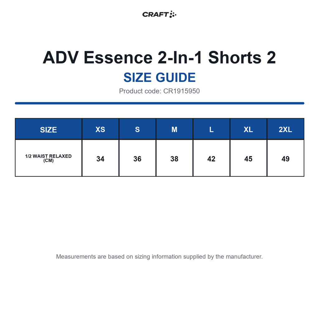 CR1915950 Craft ADV Essence 2-In-1 Shorts 2 size guide (CR1915950)
