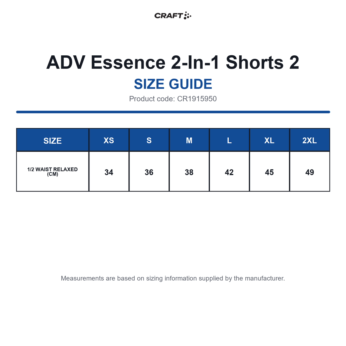 CR1915950 Craft ADV Essence 2-In-1 Shorts 2 size guide (CR1915950)