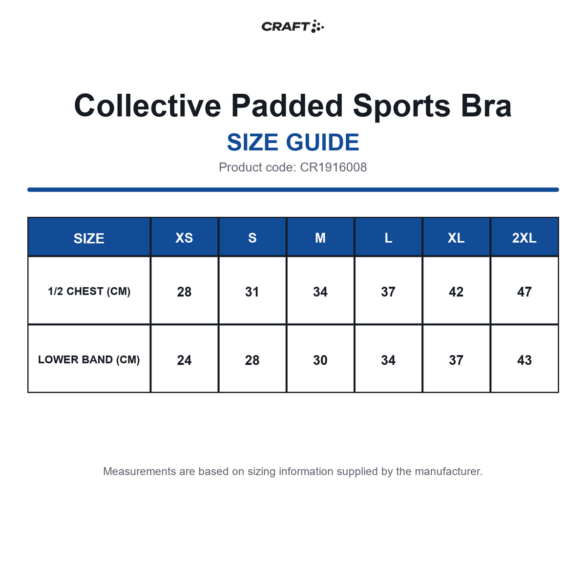 CR1916008 Craft Collective Padded Sports Bra size guide (CR1916008)