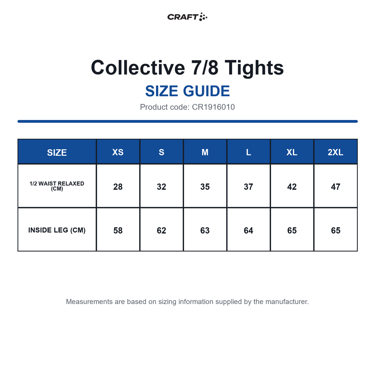 CR1916010 Craft Collective 7/8 Tights size guide (CR1916010)