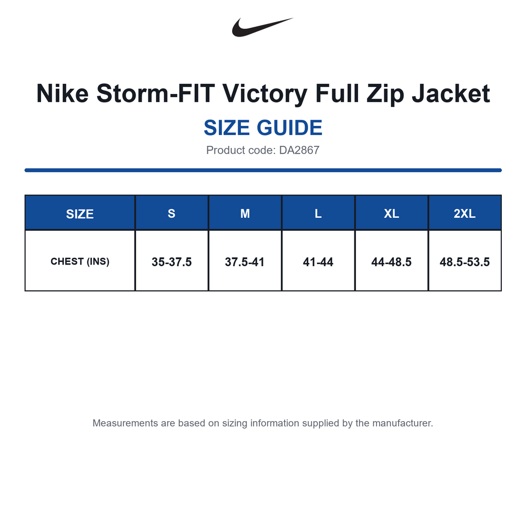 DA2867 Nike Storm-FIT Victory Full Zip Jacket size guide (DA2867)