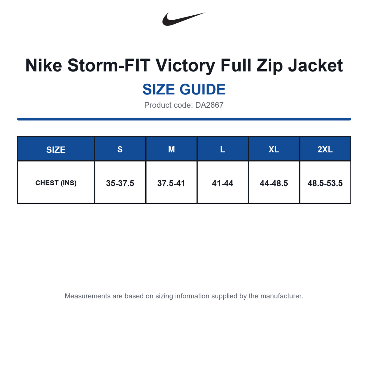 DA2867 Nike Storm-FIT Victory Full Zip Jacket size guide (DA2867)