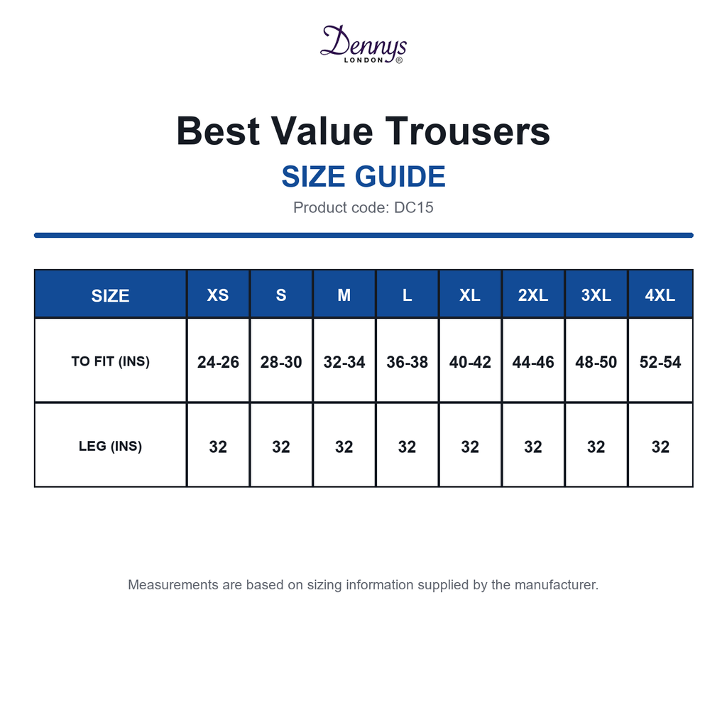 DC15 Dennys Best Value Trousers size guide (DC15)