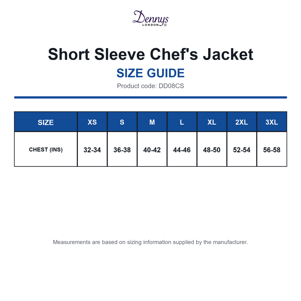 DD08CS Dennys Short Sleeve Chef's Jacket size guide (DD08CS)