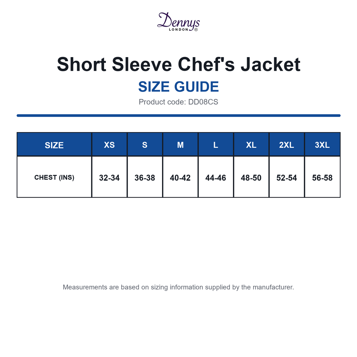 DD08CS Dennys Short Sleeve Chef's Jacket size guide (DD08CS)