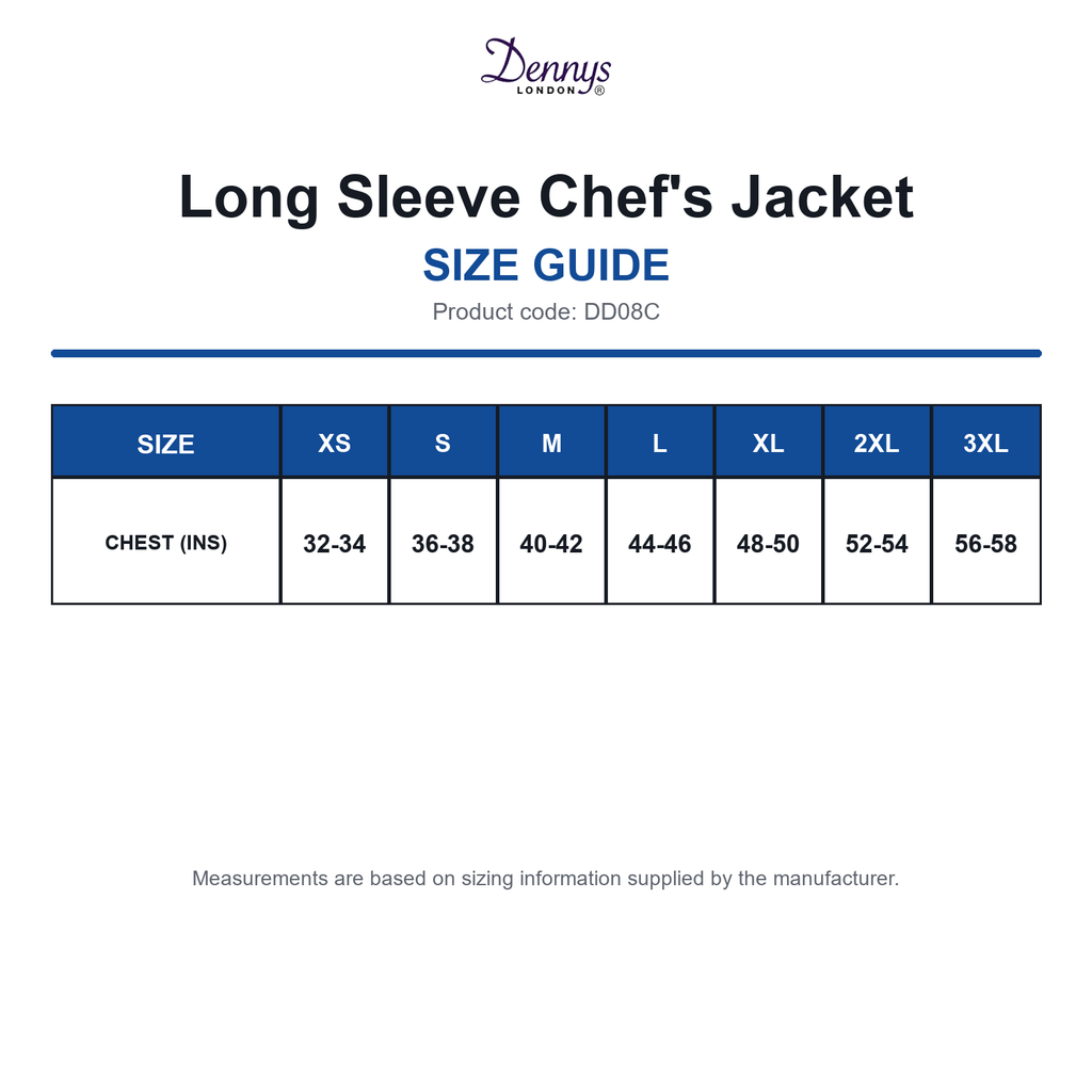 DD08C Dennys Long Sleeve Chef's Jacket size guide (DD08C)