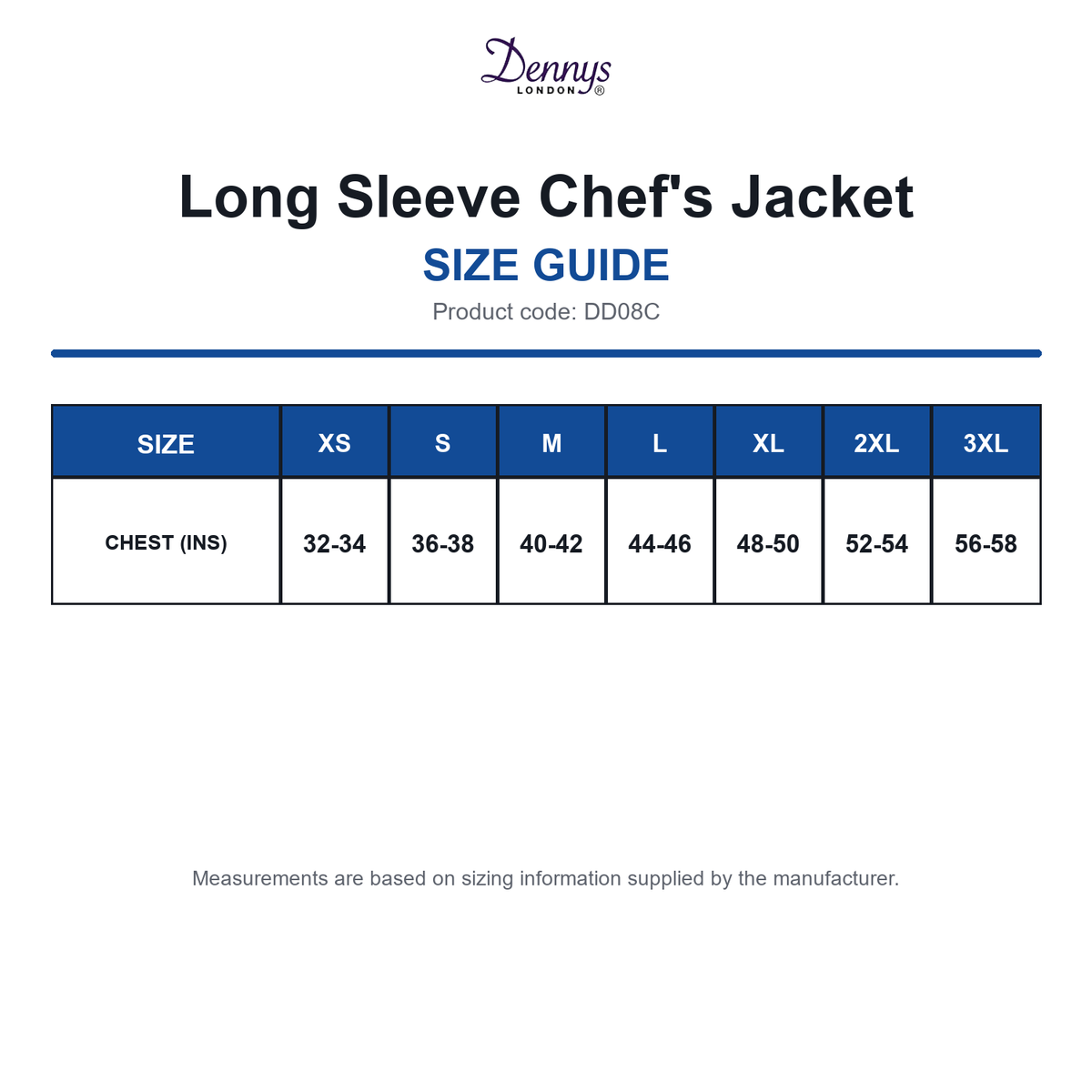 DD08C Dennys Long Sleeve Chef's Jacket size guide (DD08C)