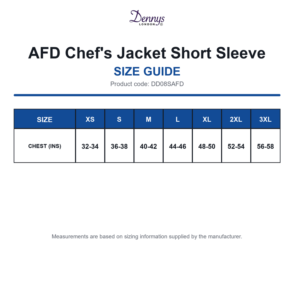 DD08SAFD Dennys AFD Chef's Jacket Short Sleeve size guide (DD08SAFD)