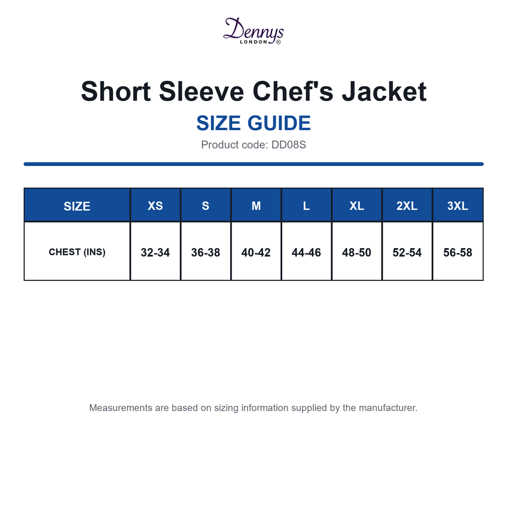 DD08S Dennys Short Sleeve Chef's Jacket size guide (DD08S)