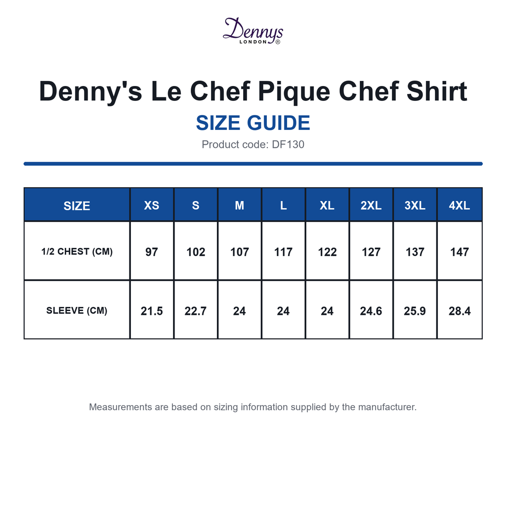 DF130 Denny's Le Chef Pique Chef Shirt size guide (DF130)