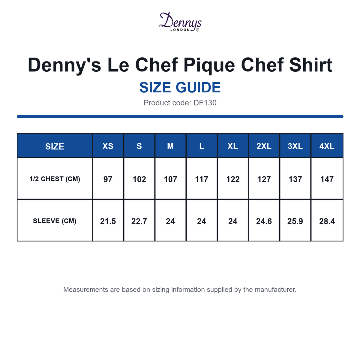 DF130 Denny's Le Chef Pique Chef Shirt size guide (DF130)
