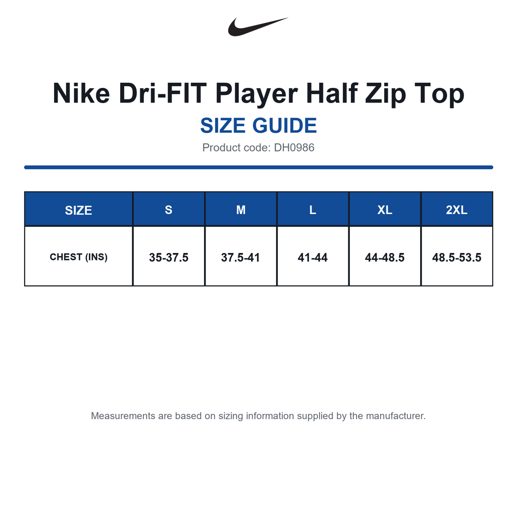 DH0986 Nike Dri-FIT Player Half Zip Top size guide (DH0986)