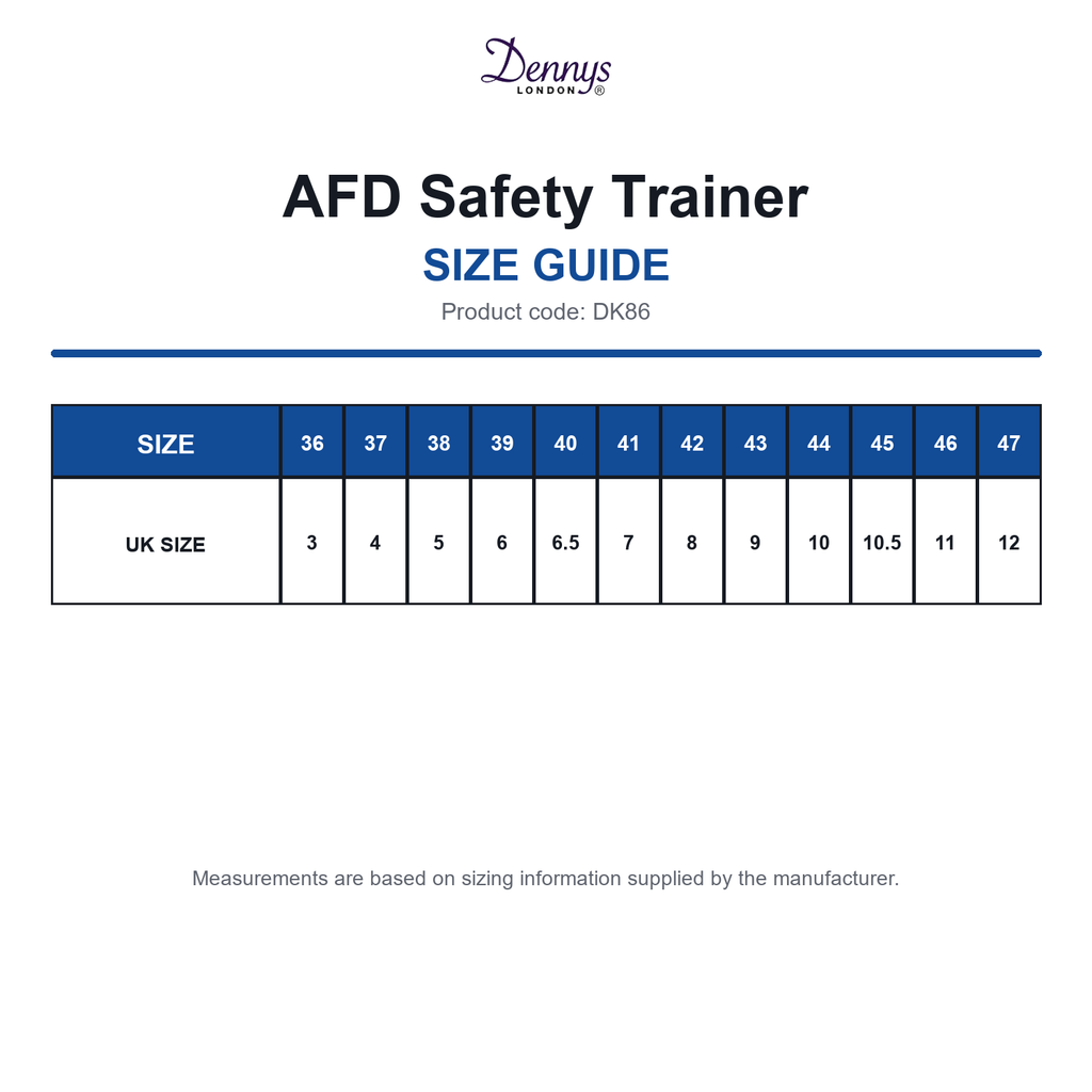 DK86 Dennys AFD Safety Trainer size guide (DK86)